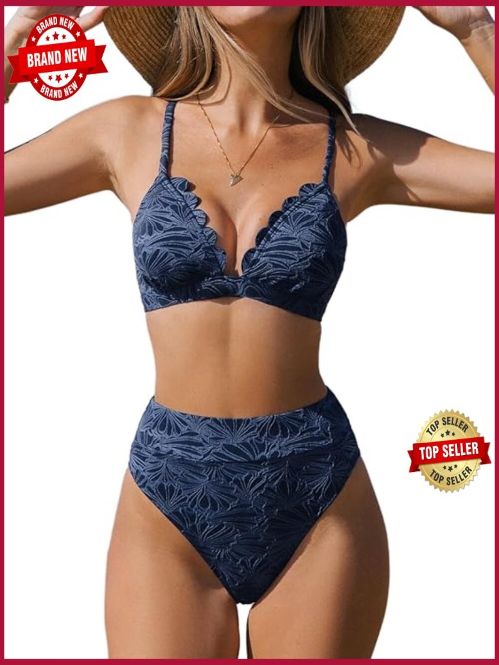High Waisted Bikini Set Scalloped V Neck Two Piece Bathing Suit
